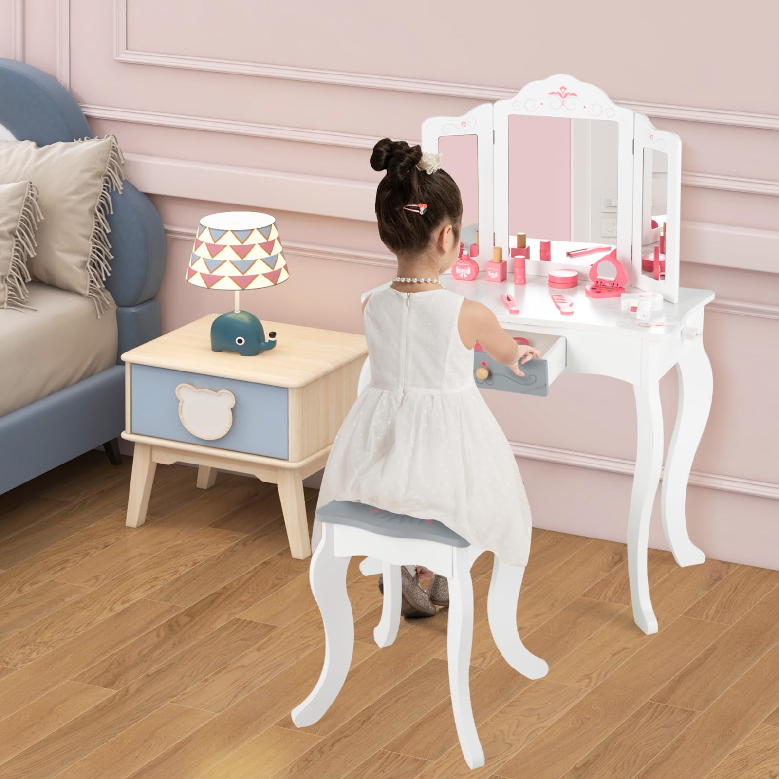 INFANS Kids Vanity Set - 2 in 1 Princess Makeup Table & Chair with Tri-Folding Mirror, 10 Accessories, Wooden Dressing Table for Toddler Girls | Pretend Play, Birthday Gift, Room Decor (White) - Perfect for Dress-Up Games, Role Play & Imaginative Play in Bedroom or Playroom