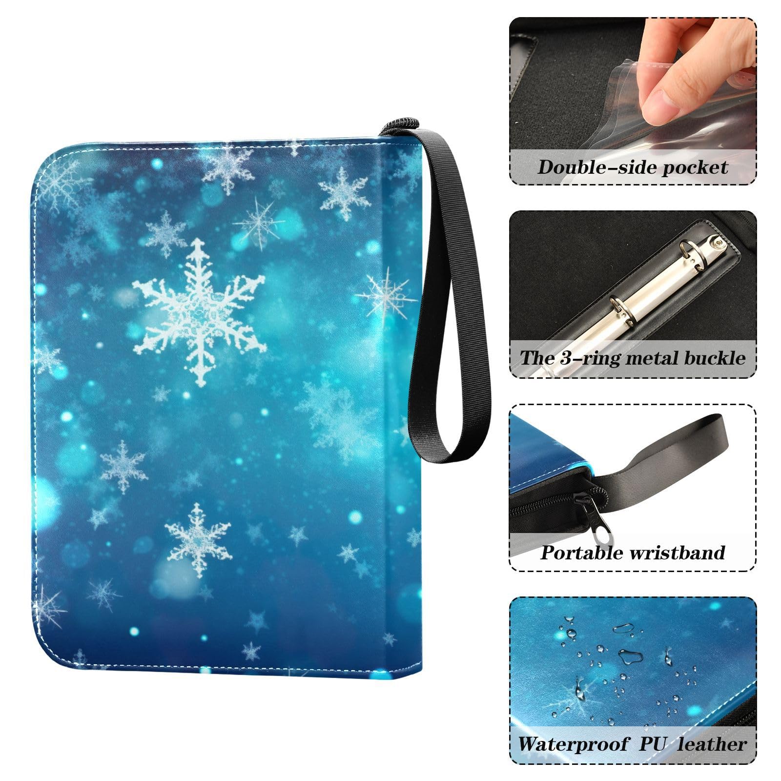 Winter Christmas Snowflakes 4-Pocket Trading Card Binder Book with 50 Sleeves - Holds 400 Cards, 3-Ring Album for Football, Pokemon & Collectible Cards - Perfect for Organizing, Displaying & Trading Game Cards