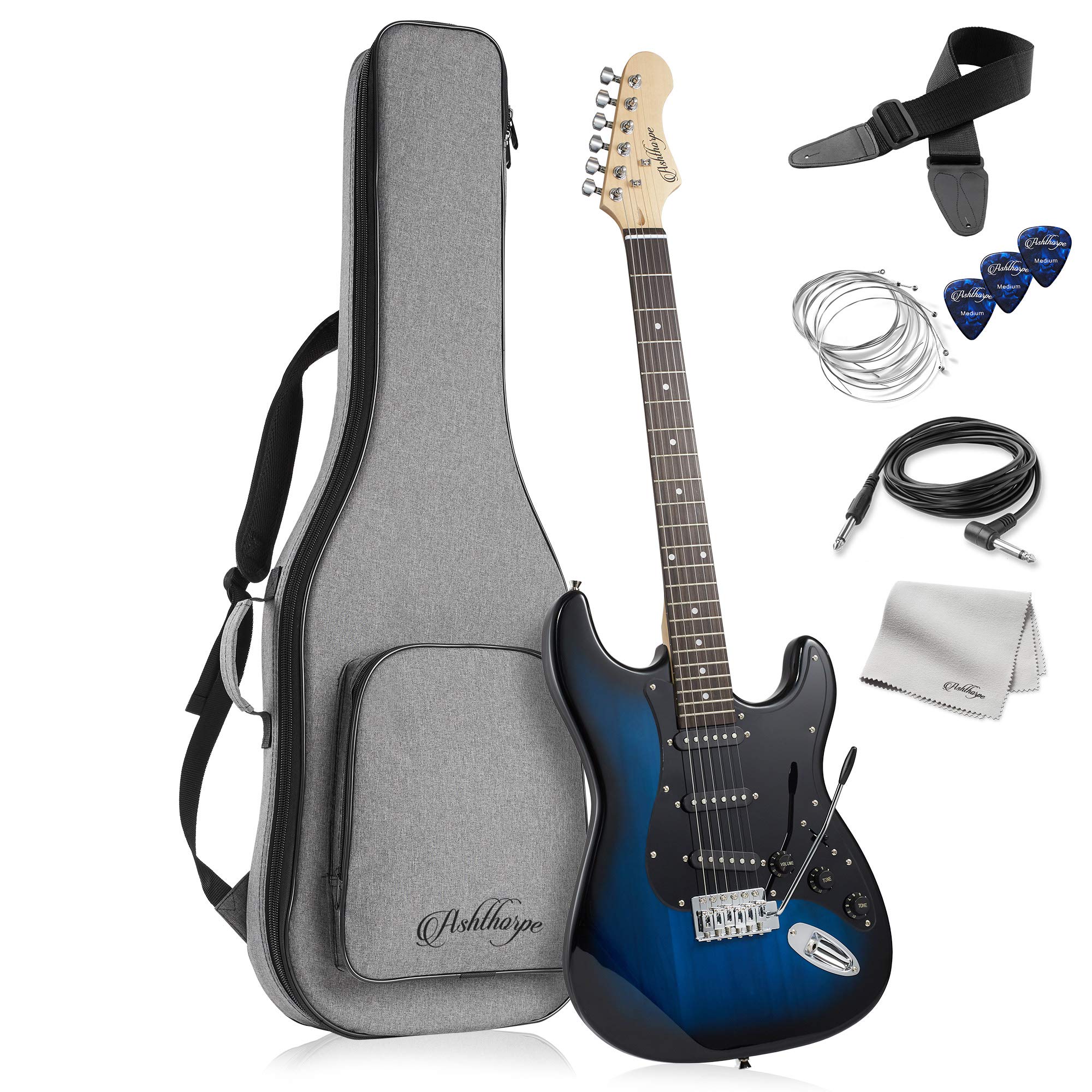Ashthorpe 39-Inch Full-Size Electric Guitar Kit (Blue-Black) with Padded Gig Bag, Tremolo Bar, Strap, Strings, Cable, Cleaning Cloth & Picks - Perfect for Beginners, Practice, Live Performances & Studio Recording