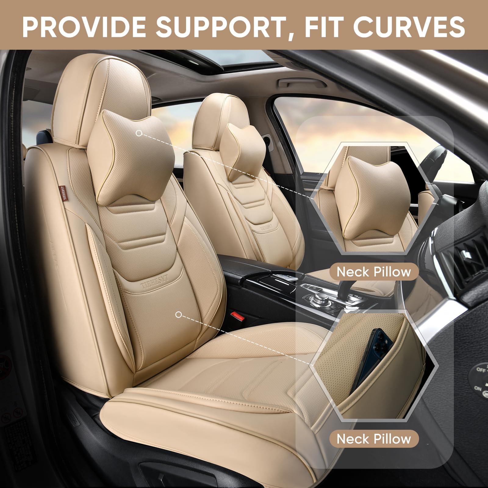 Beige Car Seat Covers Front Pair - Breathable Leather Auto Seat Protectors with Headrest | Universal Fit for Sedans, SUVs & Pickup Trucks | Perfect for Daily Commute, Road Trips & Family Travel
