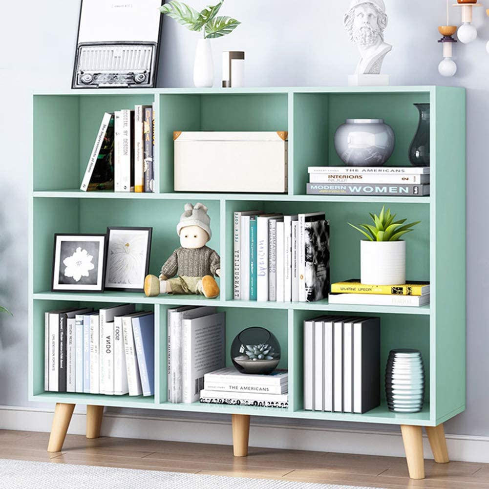 IOTXY 3-Tier Wooden Open Shelf Bookcase - Floor Standing Display Cabinet with 8 Storage Cubes, Modern Tiffany Green Home Decor | Perfect for Living Room, Bedroom & Office Organization