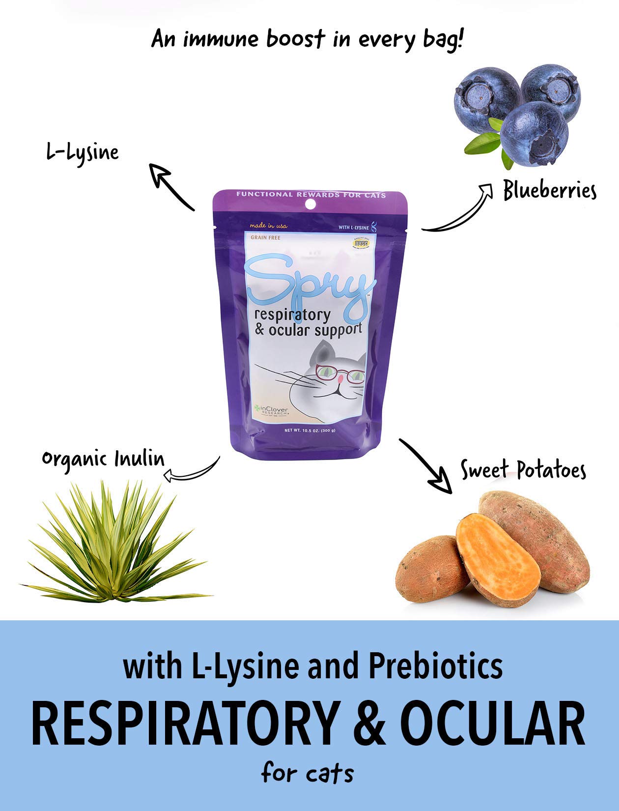 Spry L-Lysine Cat Treat Supplement for Immune & Respiratory Health - Antioxidant Rich Cat Eye Care Support with Prebiotics - Daily Health Treats for Cats (Supports Vision, Immunity & Digestion) - Perfect for Senior Cats & Kittens with Weak Immune Systems