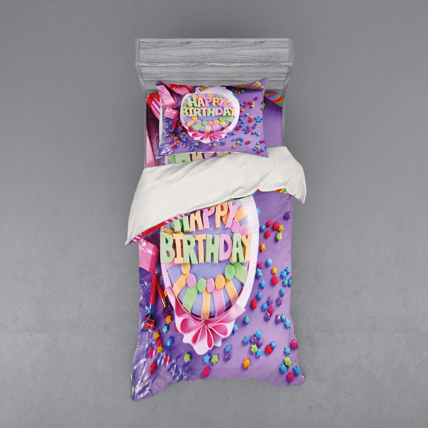Ambesonne Birthday Cake Bedding Set - 3 Piece Duvet Cover with Sham & Fitted Sheet, Twin Size, Multicolor Star & Gift Design - Perfect for Birthday Parties, Sleepovers & Kids Room Decor