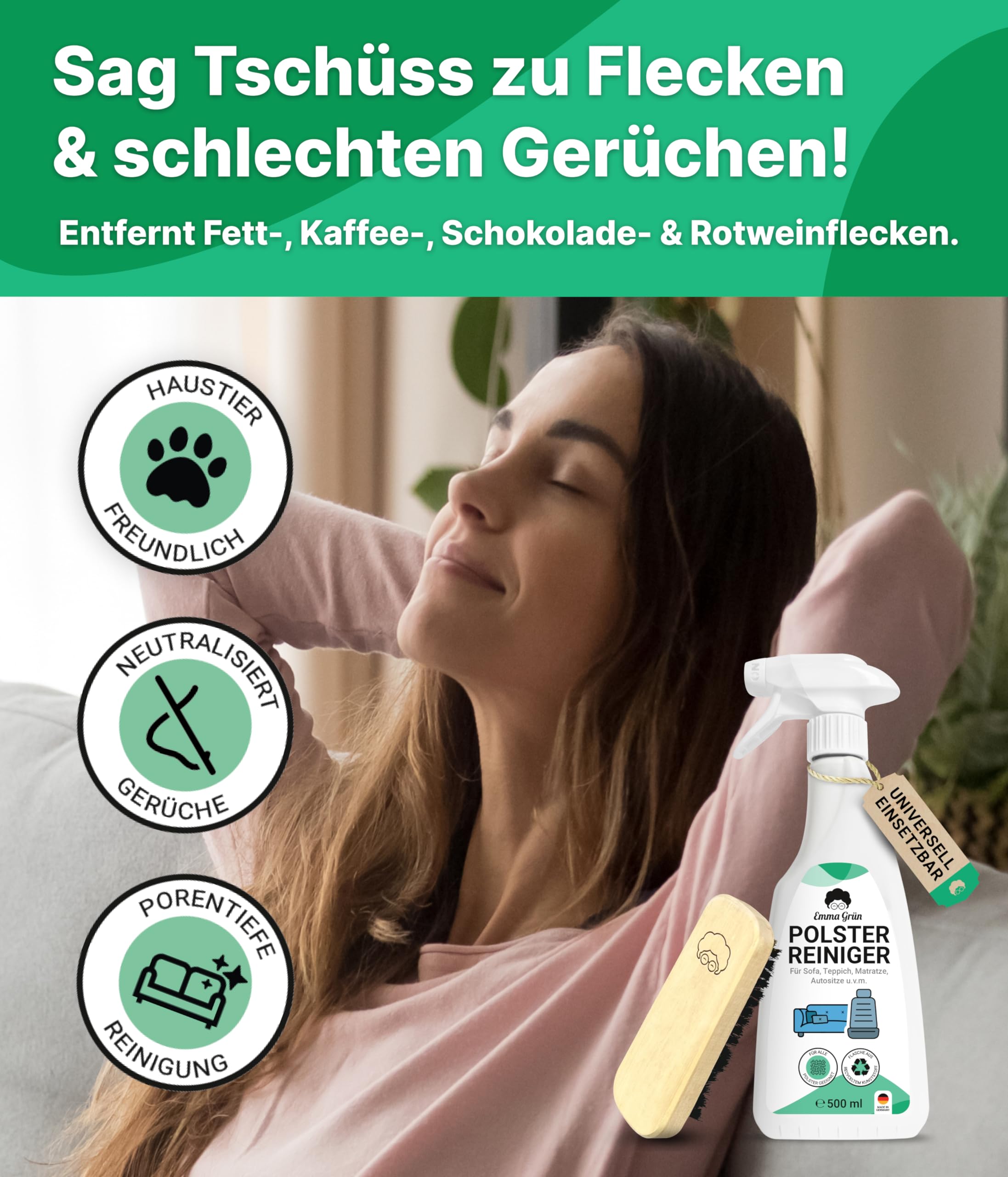Emma Grün® Upholstery Cleaner for Sofa, Couch & Car Seats 500ml [Includes Upholstery Brush] - Eco-Friendly & Odor Eliminator - Car Interior Cleaner - Made in Germany - Perfect for Deep Cleaning Furniture, Removing Stains & Refreshing Vehicle Upholstery