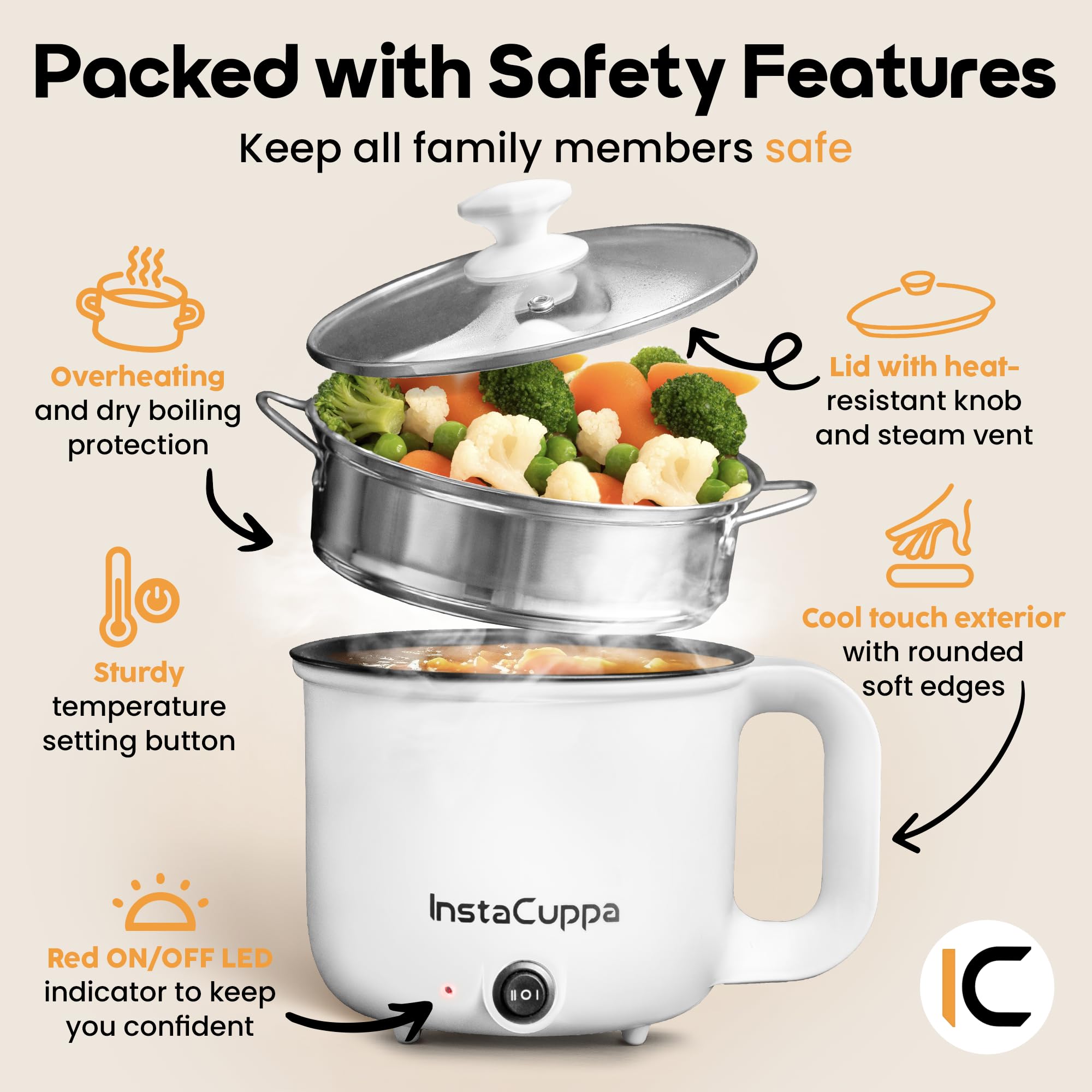 InstaCuppa 3-in-1 Multi Cooker & Steamer Kettle - 1.2L Stainless Steel Inner Pot, Adjustable Temperature Control, Wide Mouth Design - Perfect for Boiling Milk, Tea, Coffee, Eggs & Steaming Vegetables - 600W Fast Heating - Elegant White - Ideal for Home Kitchen, Office, Dorm & Small Spaces