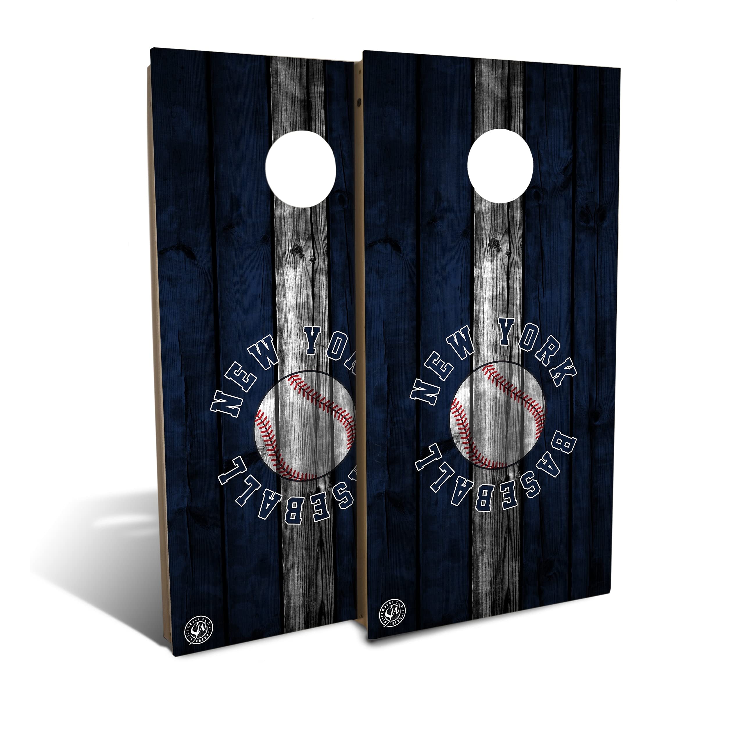 New York Navy White Baseball Cornhole Board Set with 8 Bags - Premium Outdoor Tossing Game for Backyard, Tailgating, and Parties