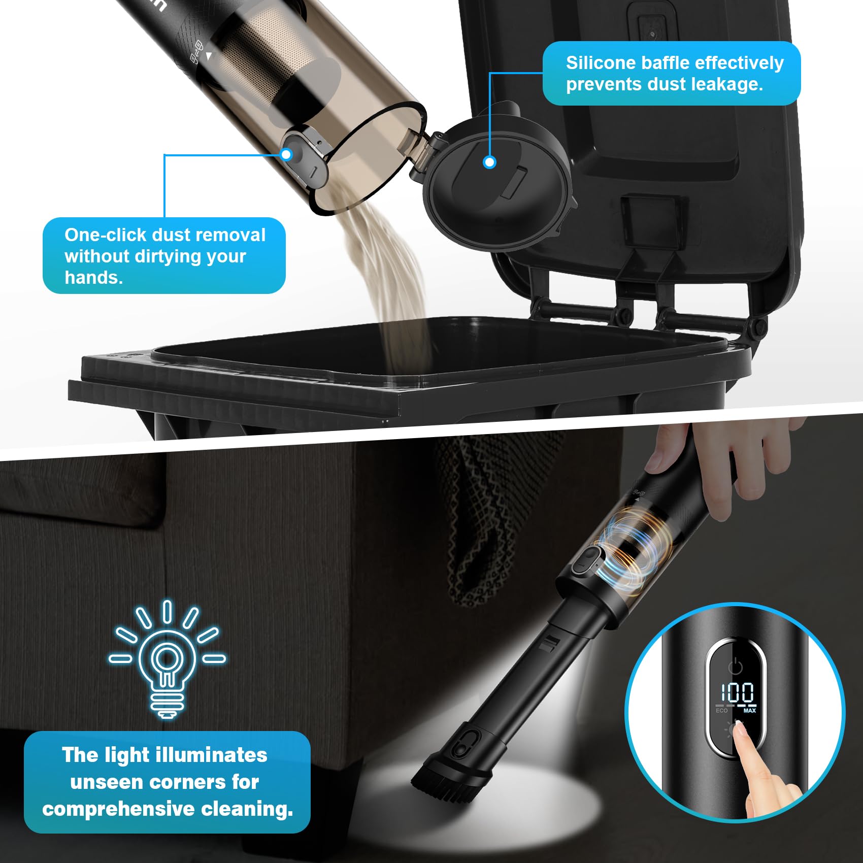 Upbooz 14000PA Cordless Handheld Vacuum - Powerful Portable Car Vacuum Cleaner with LED Light & Air Duster 2-in-1, Rechargeable Mini Vac for Home, Car, Pet Hair & Office Use | Low Noise | Ideal for Car Detailing, Pet Grooming & Quick Home Cleanups