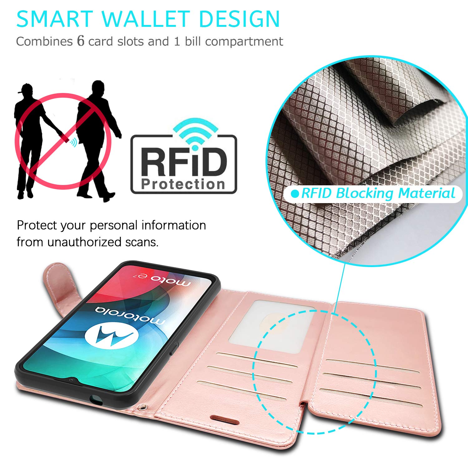 Premium Leather Wallet Case for Motorola Moto E7 - RFID Blocking Flip Folio with Stand | Rose Gold | Perfect for Business, Travel & Daily Protection