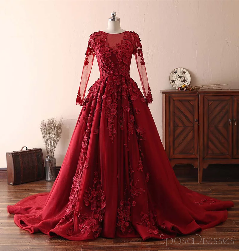 Elegant Long Sleeve Lace Dark Red Evening Prom Dress - Custom Sweet 16 Gown for Formal Events, Parties & Special Occasions | Style 18533