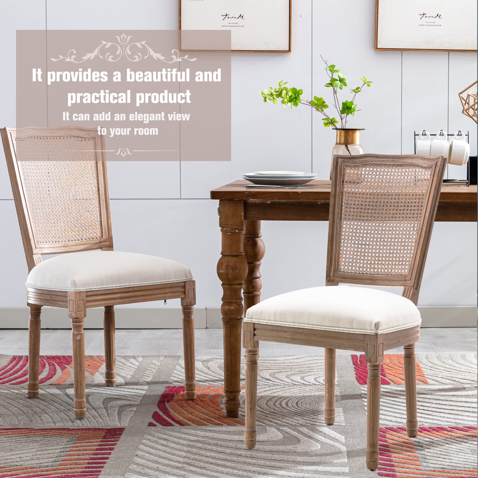 Nrizc Farmhouse Dining Chairs Set of 4 - French Country Style Rattan Back Chairs with Solid Wood Legs - Bistro Kitchen & Restaurant Furniture for Dining Room, Living Room, Patio and Cafe Decor