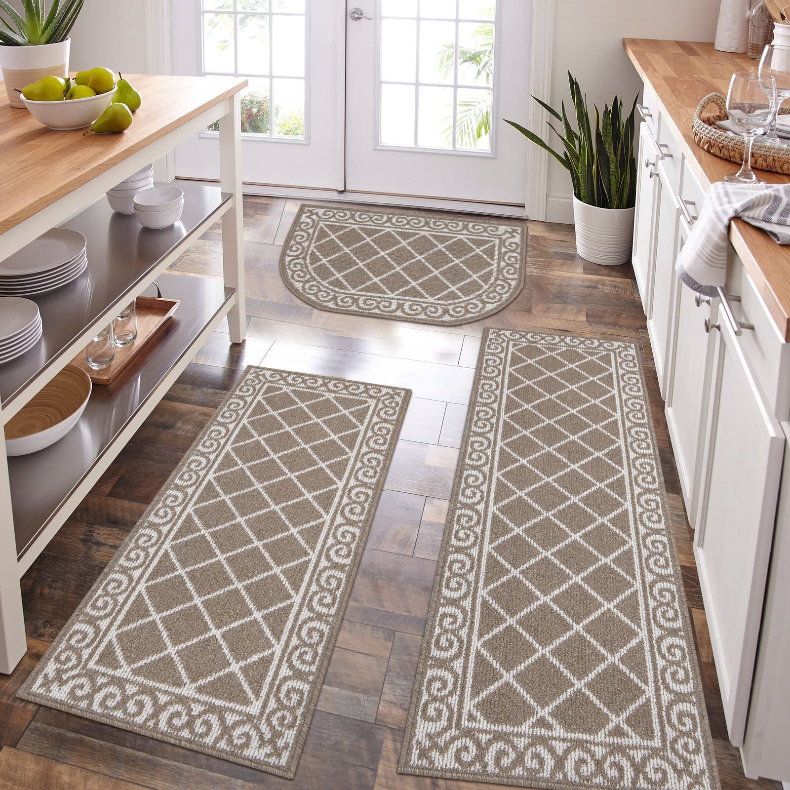 HEBE 3-Piece Non-Slip Washable Kitchen Rug Set with Runner - Super Absorbent Floor Mats for Dirt Trapping - Perfect for Kitchen, Entryway & Hallway - Ideal for High Traffic Areas & Spill Protection