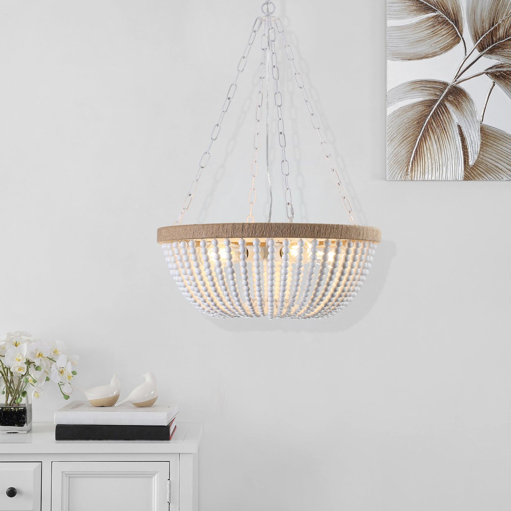 Bohemian Style Wood Beaded Chandelier - Handcrafted Oak Wood Pendant Light with White Beads | Perfect for Living Room, Bedroom, or Dining Room Decor