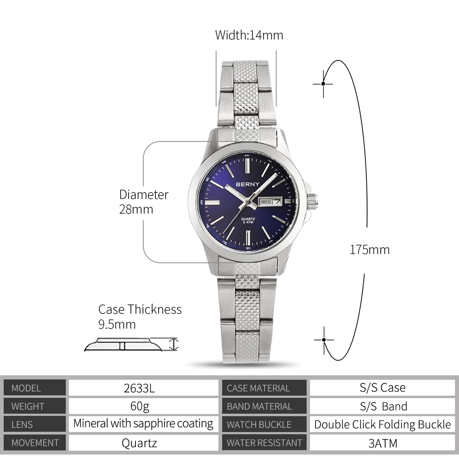 BERNY Women's Watches with Stainless Steel Band - Japanese Quartz Movement, 28mm Case - Elegant Dress Watch for Office, Party & Everyday Wear