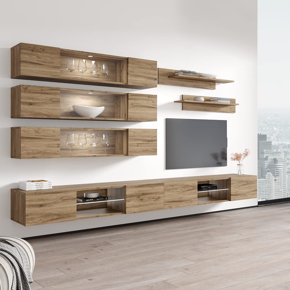 Modern Floating TV Stand with Storage & LED Lights - Wall-Mounted Entertainment Center for Bedroom & Living Room - Oak Wood TV Console with Shelves - Perfect for Small Spaces & Home Theater Setup