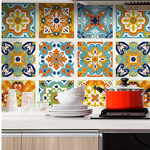 HaokHome 96006-1 Moroccan Tiles Peel and Stick Wallpaper - Removable Self-Adhesive Backsplash for Kitchen & Bathroom - 17.7in x 9.8ft Contact Paper in Orange, Blue & White - Perfect for DIY Home Decor, Accent Walls, and Rental Apartment Upgrades