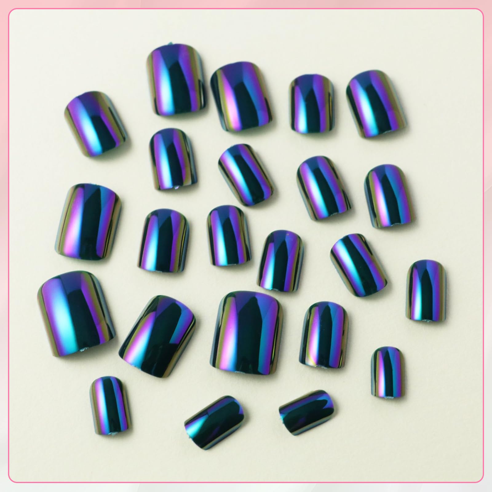 24Pcs Chrome Press on Nails Short Square - Metallic Mirror Green & Purple Fake Nails with Glue | Glossy Stick on Nails for Women | Perfect for Parties, Weddings & Everyday Wear