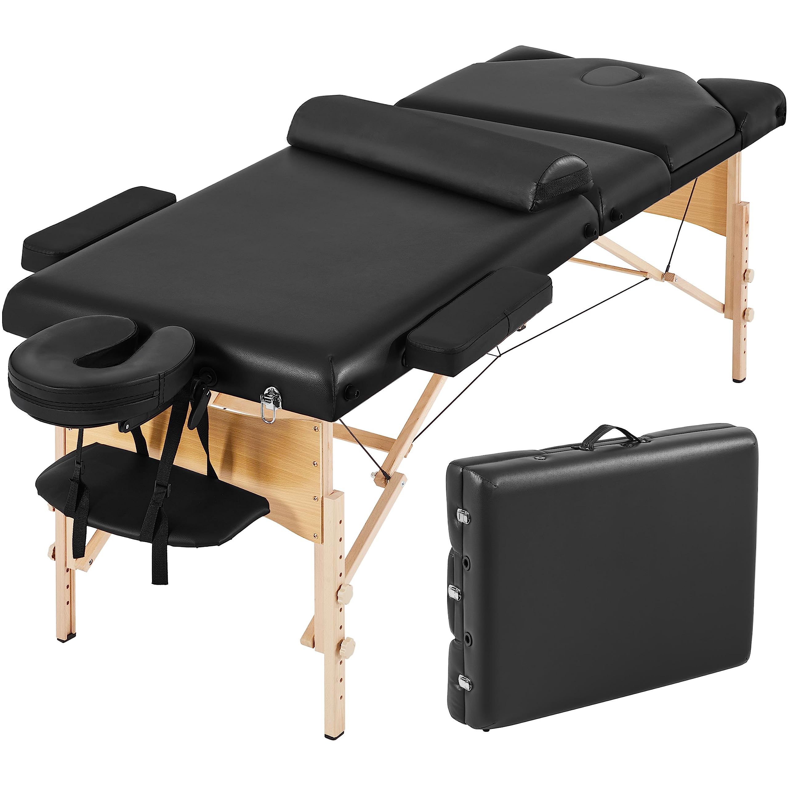 Yaheetech Portable Folding Massage Table - Professional Lash & Tattoo Bed with Adjustable Height, Bolster Pillow & Carrying Bag - Beauty Salon Facial Bed for Spa, Home Use (Black)