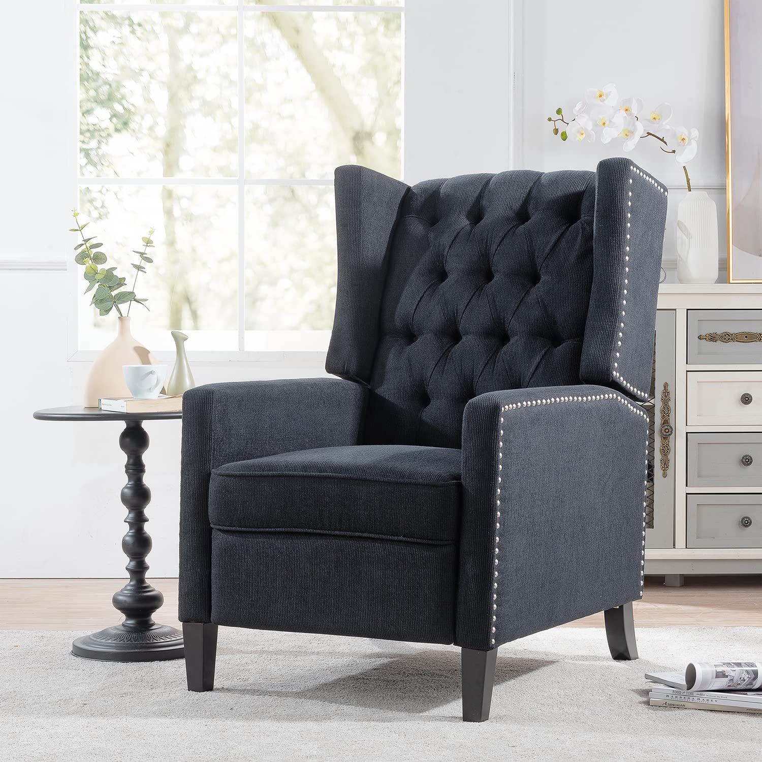 Black Fabric Recliner Chair for Adults - Mid-Century Modern Wingback Accent Chair with Tufted Design, 27