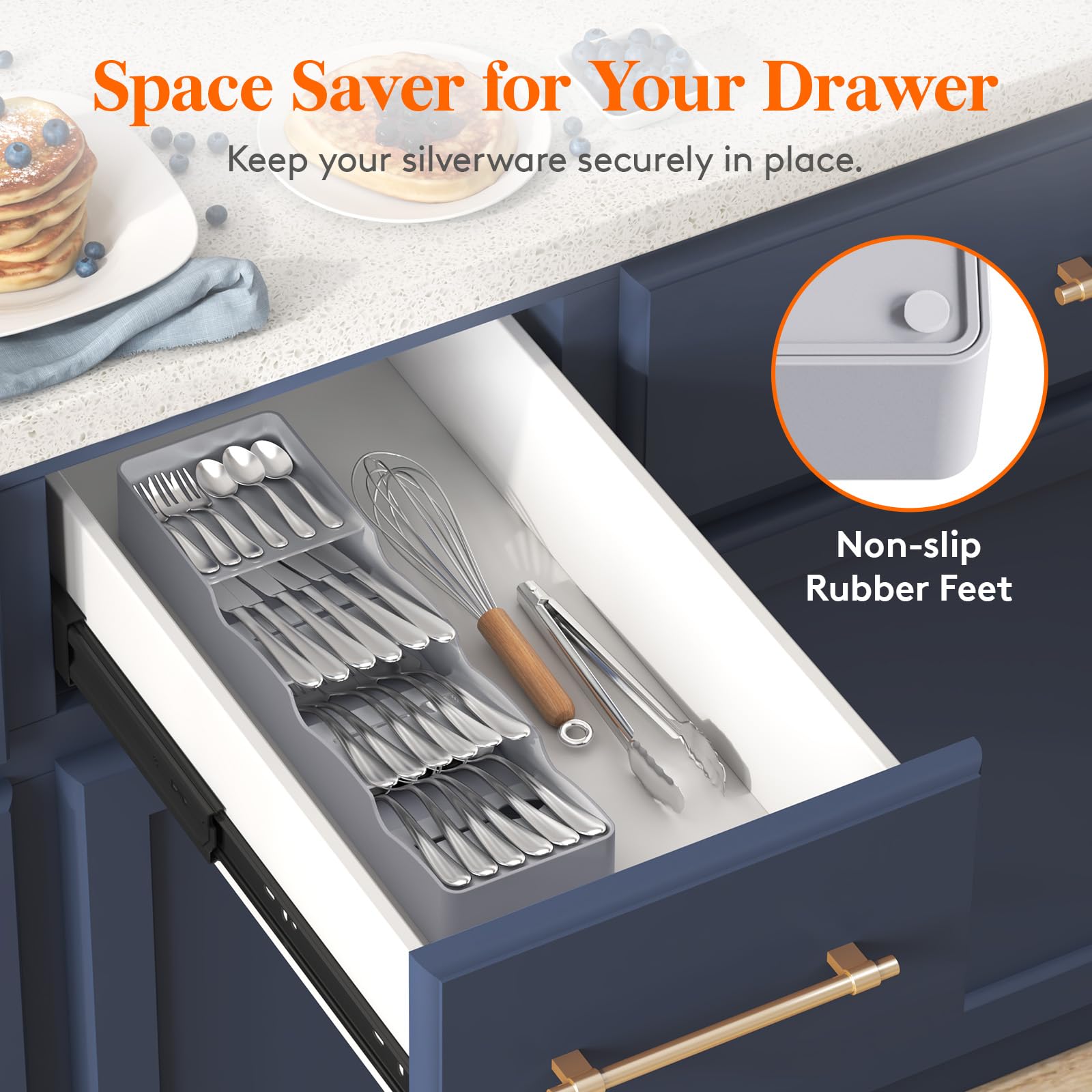 Lifewit Cutlery Drawer Organizer - Small Plastic Kitchen Utensil Tray for Spoons, Forks & Knives - Grey Flatware Storage Solution | Perfect for Kitchen Drawer Organization & Silverware Storage