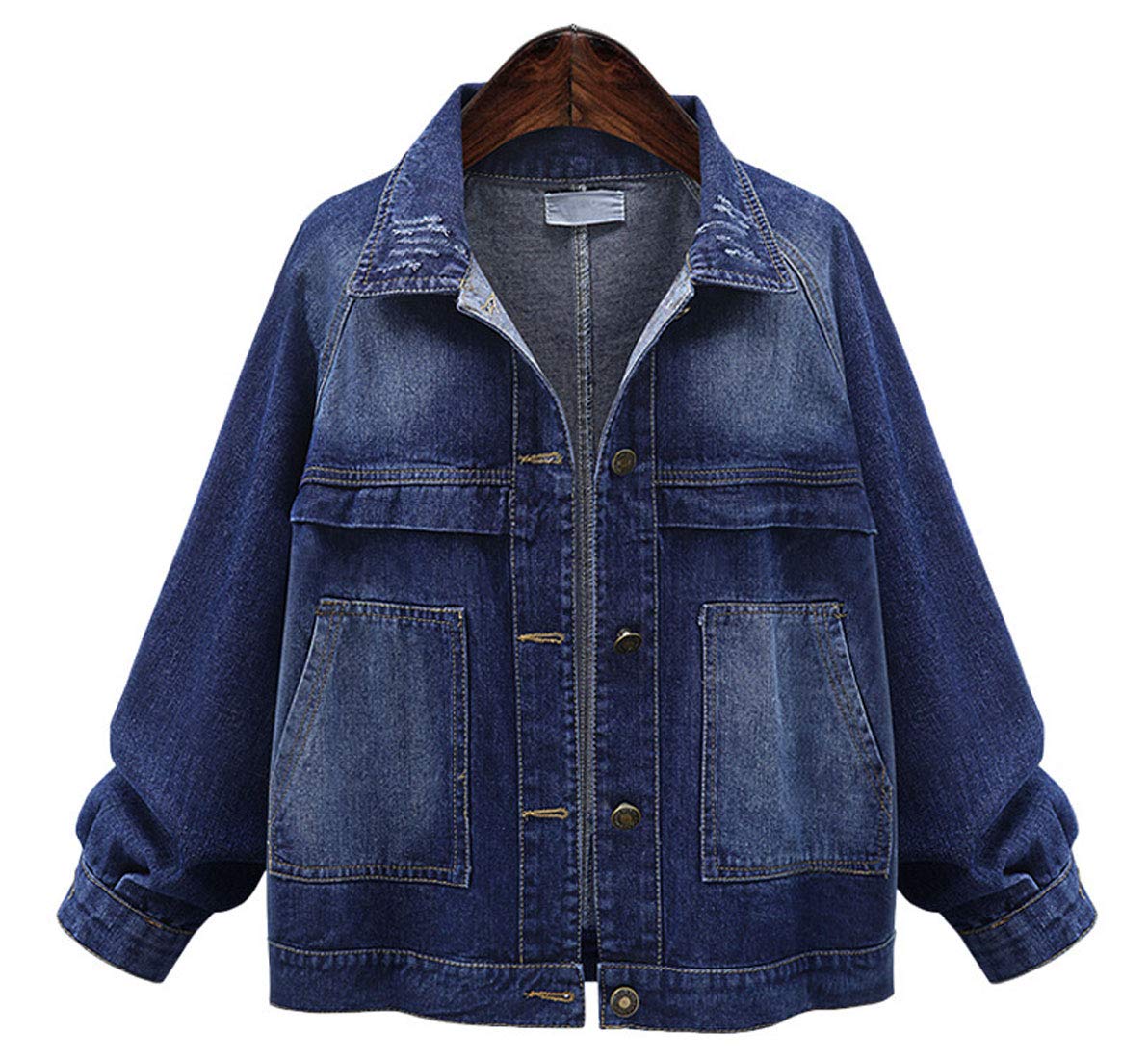 Distressed Denim Jacket for Women - Ripped Collar Button Up Jacket with Distressed Details | Casual Outerwear for Street Style & Layering