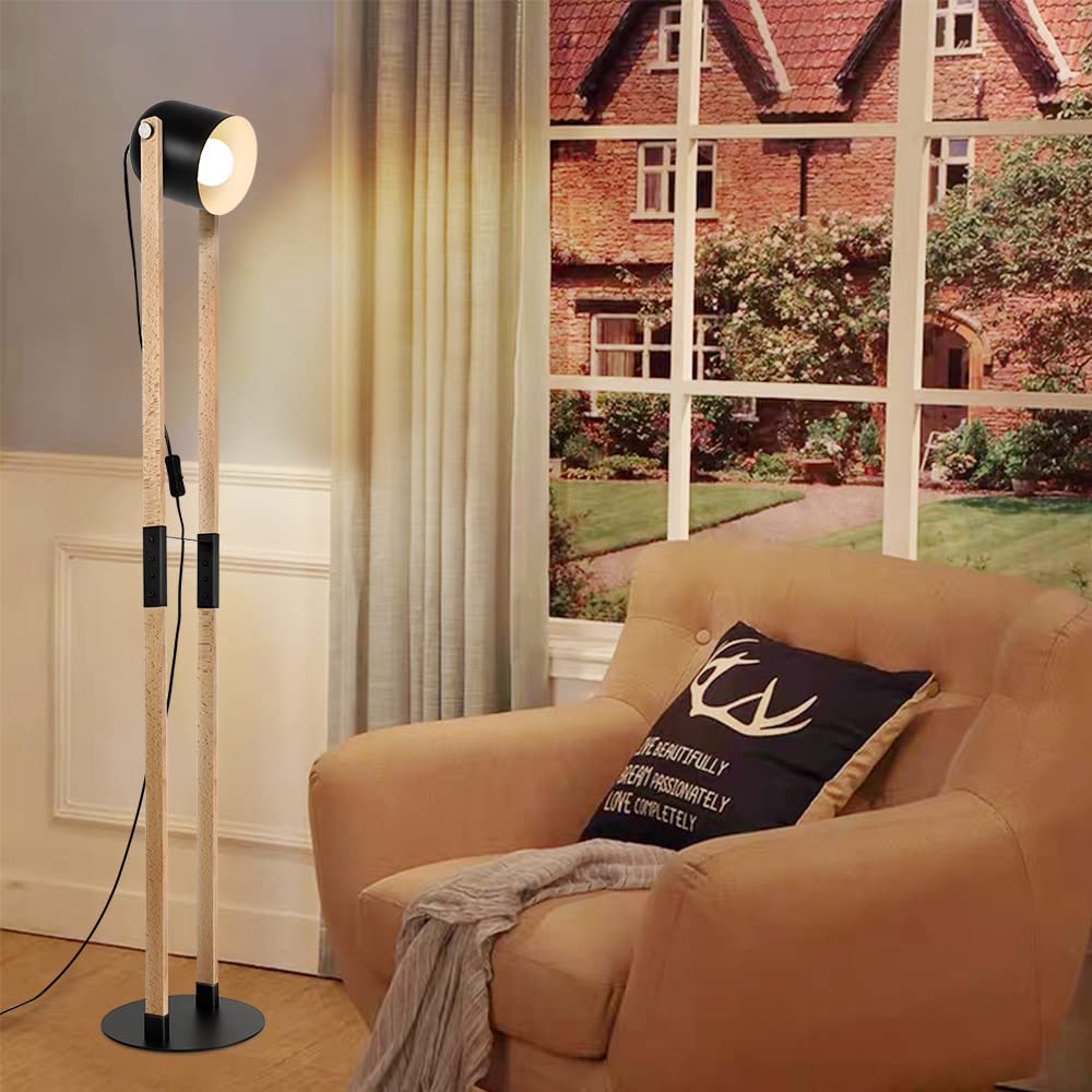 Modern Adjustable Floor Lamp with 360° Rotatable Head - Metal & Wood Design for Living Room, Bedroom, Office - Includes Bulb & Touch Switch - Perfect for Reading, Decor & Ambient Lighting