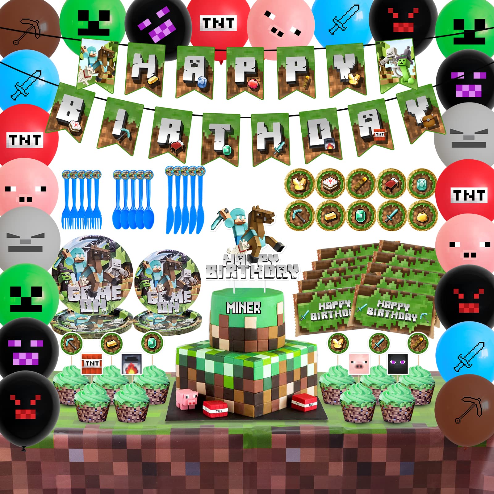 130pcs Pixel Theme Miner Crafting Birthday Party Supplies Kit - Includes Plates, Table Cover, Banner, Cutlery, Cake Toppers & Balloons - Perfect for Minecraft Themed Parties, Kids Birthday Decorations & Gaming Celebrations