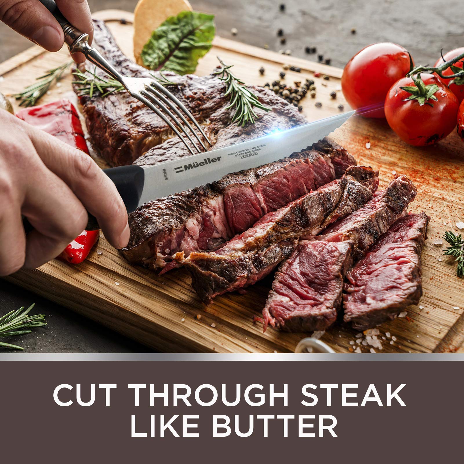 Premium Mueller Steak Knives Set - 6-Piece Sharp Stainless Steel Blades with Ergonomic Handles for Perfect Slicing | Ideal for BBQ, Dinner Parties & Home Kitchen Use