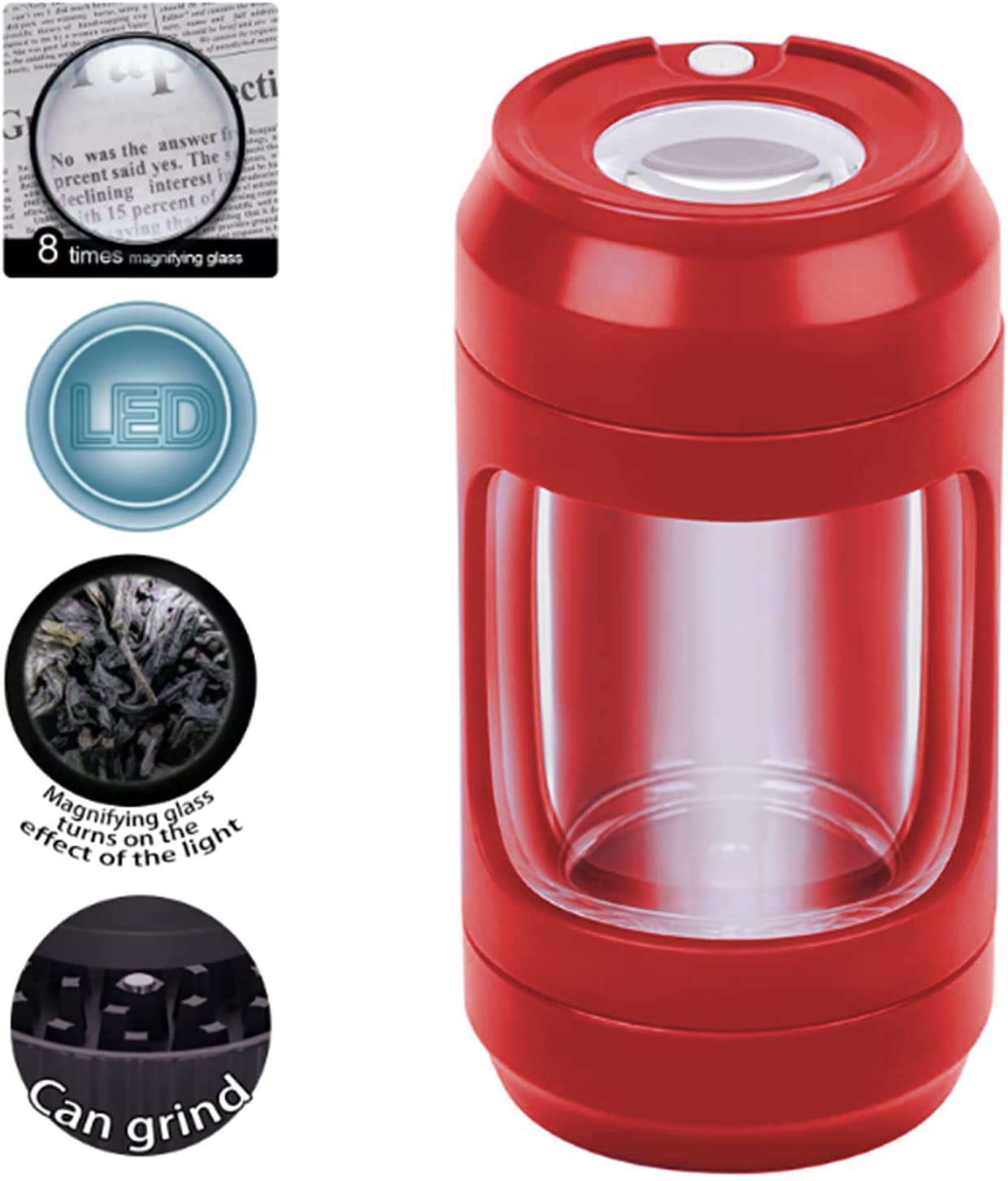 LED Magnifying Glass Herb Grinder Jar - 8x Magnification with Built-in Light for Fresh Herb Storage | Portable Spice Grinder & Airtight Container | Perfect for Kitchen, Camping & Gardening (Red)