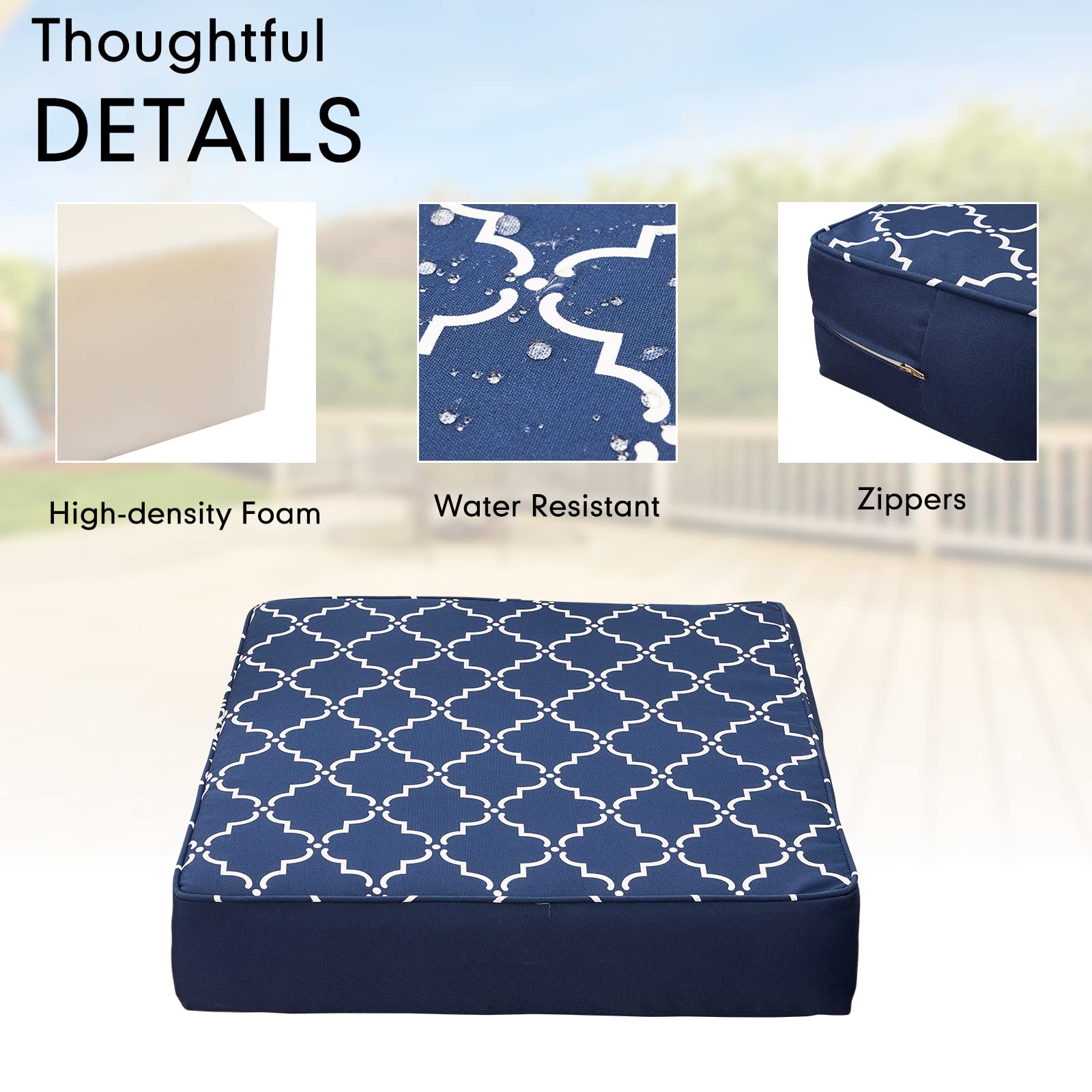 Premium 24×24 Inch Outdoor Cushion Set for Patio Furniture - Deep Seat & Back Cushions with All-Weather Removable Cover (2-Piece, Navy Blue) - Perfect for Garden, Deck, Poolside & Outdoor Lounge Chairs