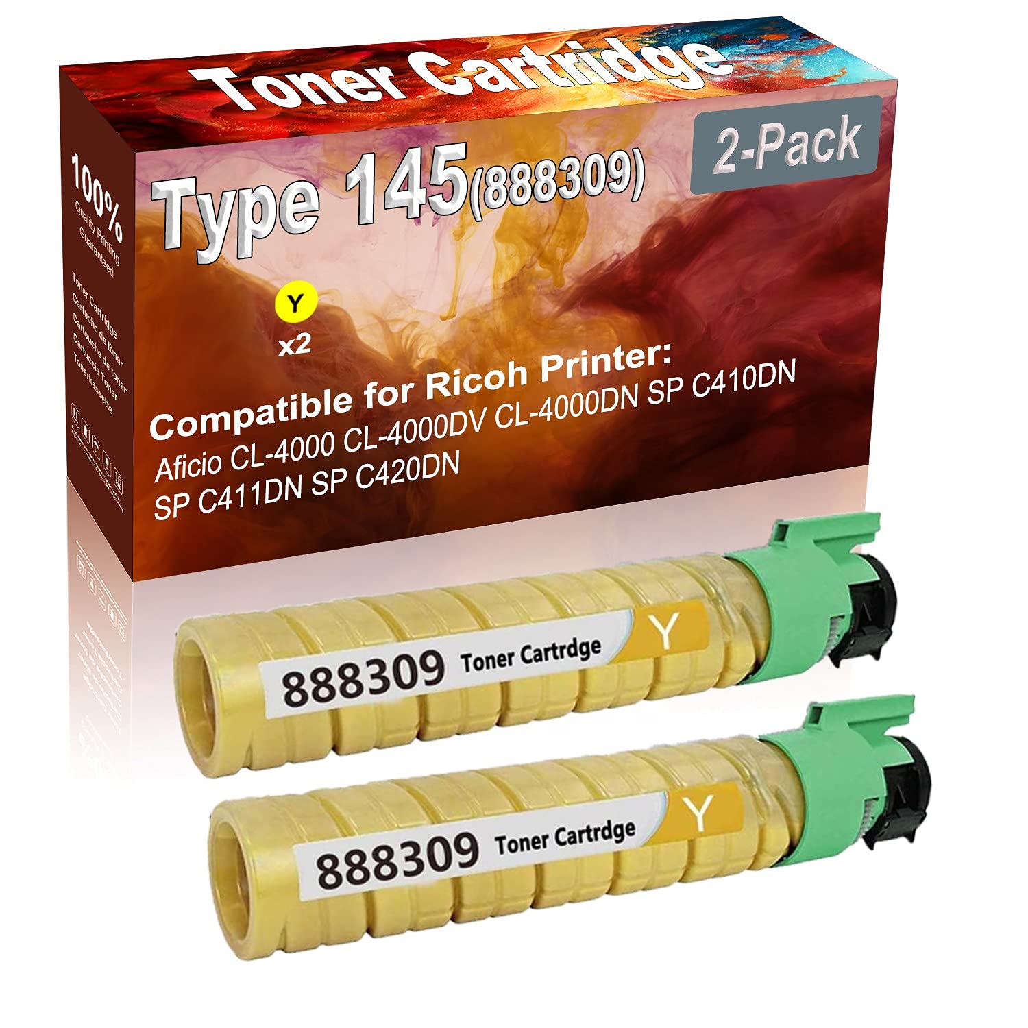 2-Pack High Yield Compatible Toner Cartridge for Ricoh Aficio CL-4000 & CL-4000DV Printers - Type 145 (888309) - Yellow - Ideal for Office & Home Printing Needs