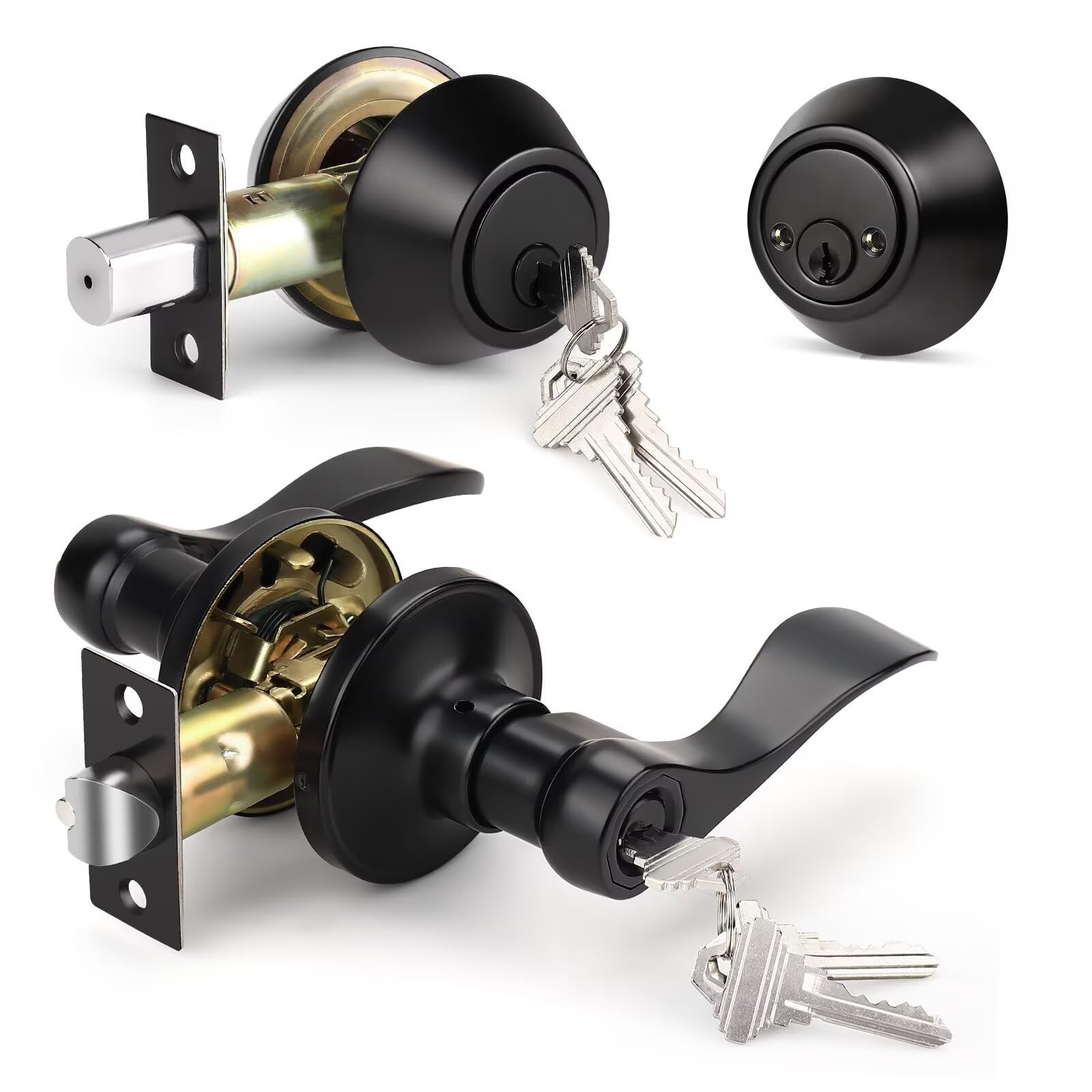 Keyed Alike Door Handle & Deadbolt Set - Matte Black Zinc Alloy for Home Security