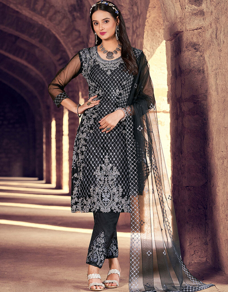 Black Heavy Net Pant Salwar Suit - Elegant Traditional Indian Outfit for Women | Perfect for Weddings, Festivals & Special Occasions