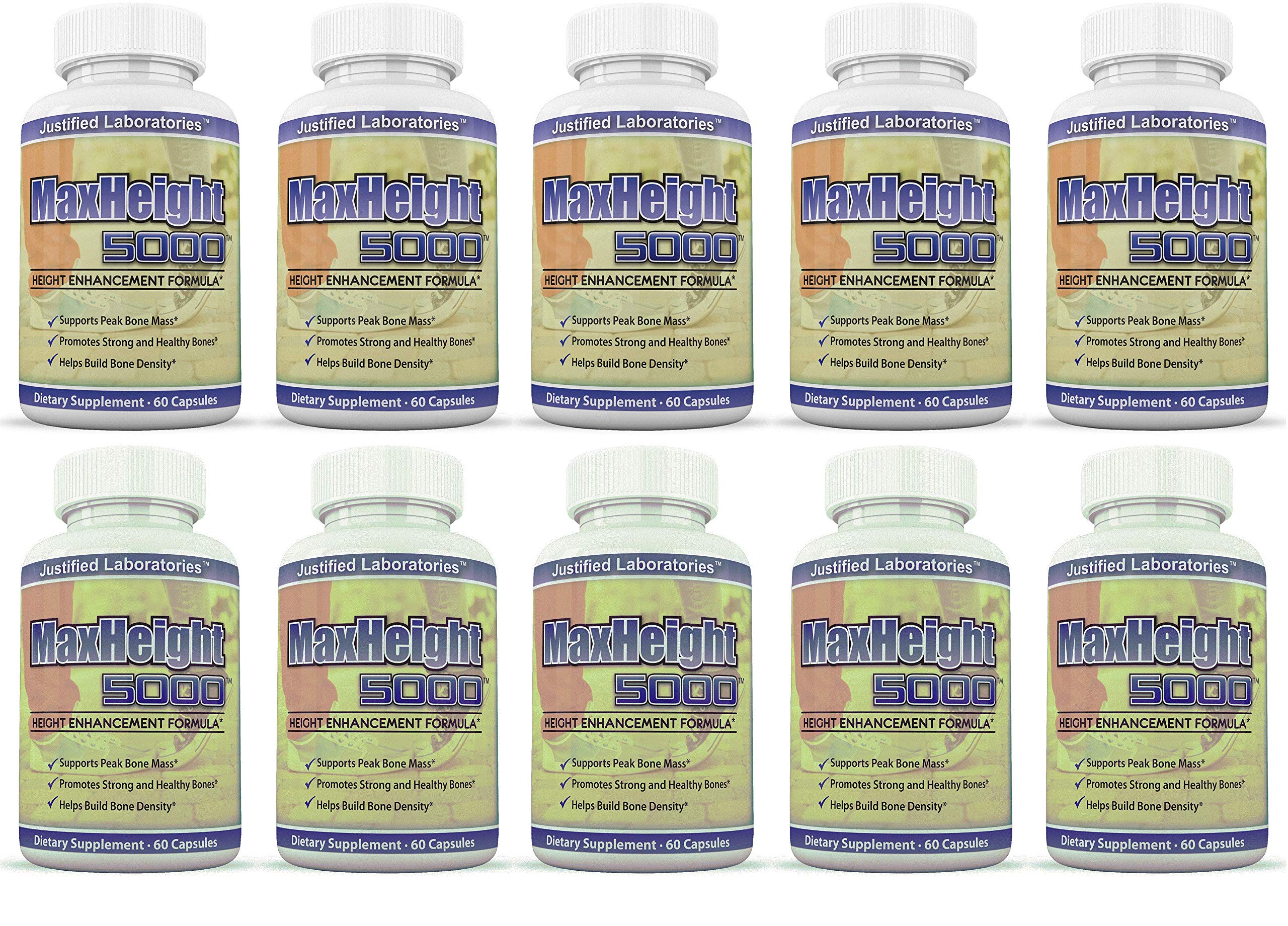 MaxHeight 5000 Height Growth Supplement - Natural Bone Growth Formula with Calcium & Vitamin D - 60 Capsules per Bottle (10 Bottles) - Supports Teen & Adult Height Development for Sports & Daily Activities