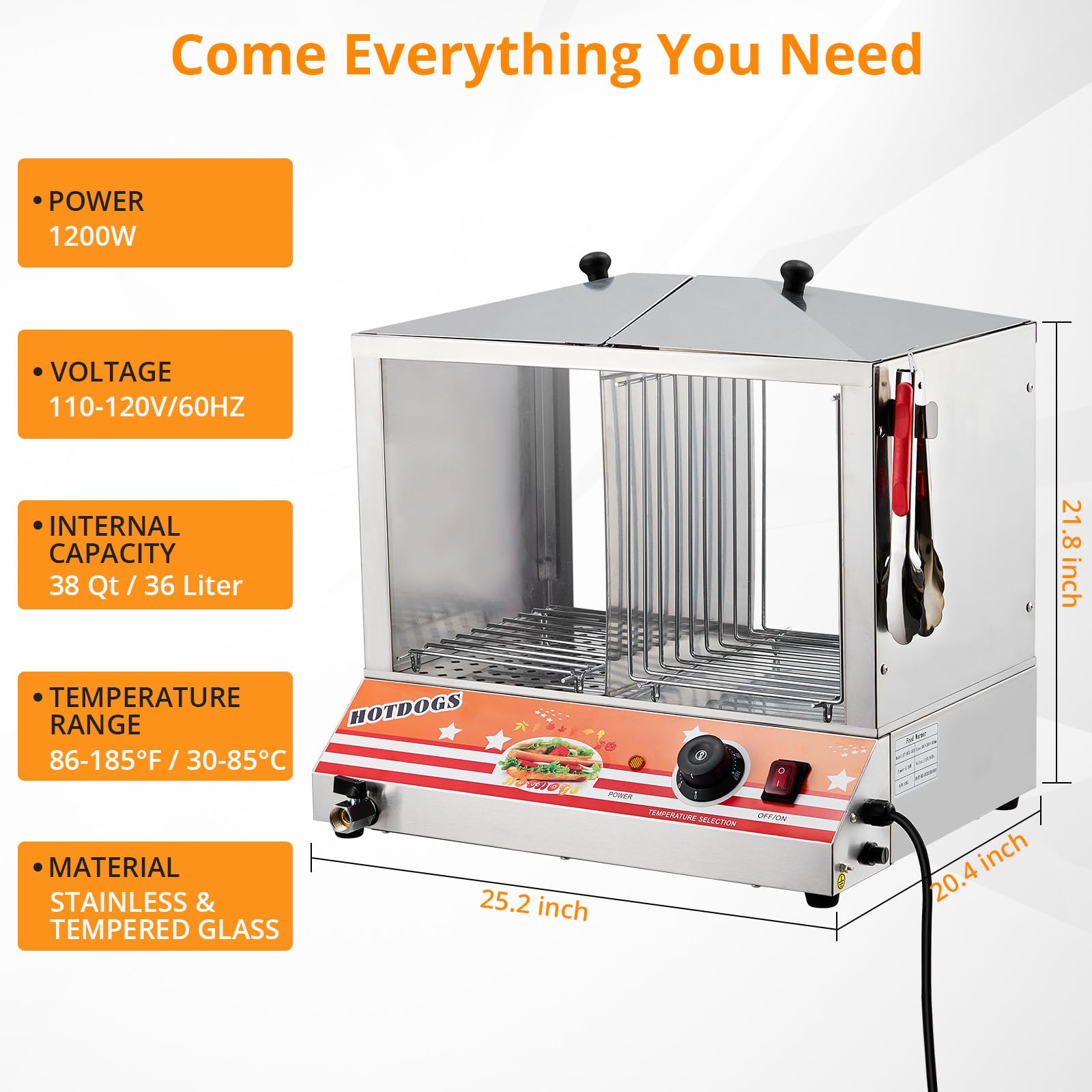 GARVEE 36L Commercial Hot Dog & Bun Steamer - Adjustable Temperature Stainless Steel Food Warmer for Restaurants, Food Trucks & Catering Events