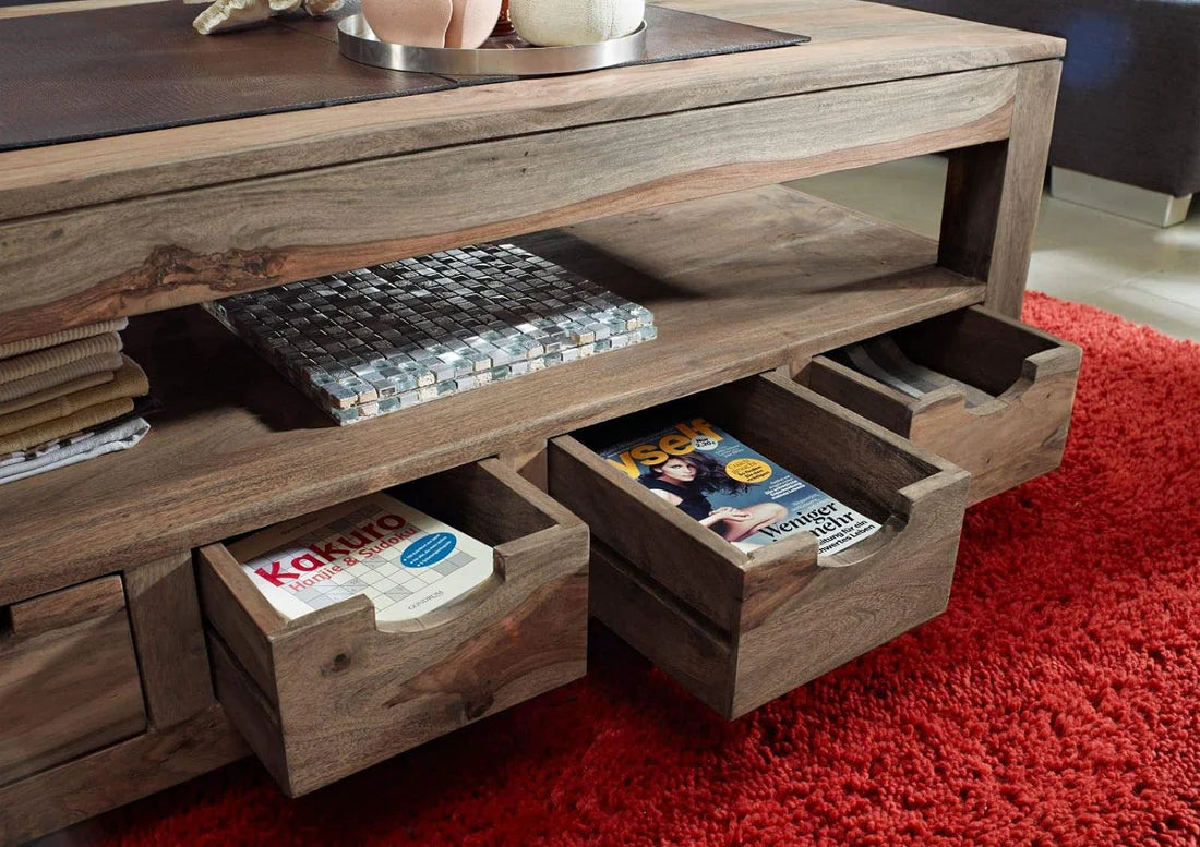 Solid Sheesham Wood Coffee Table with 4 Drawers - 46