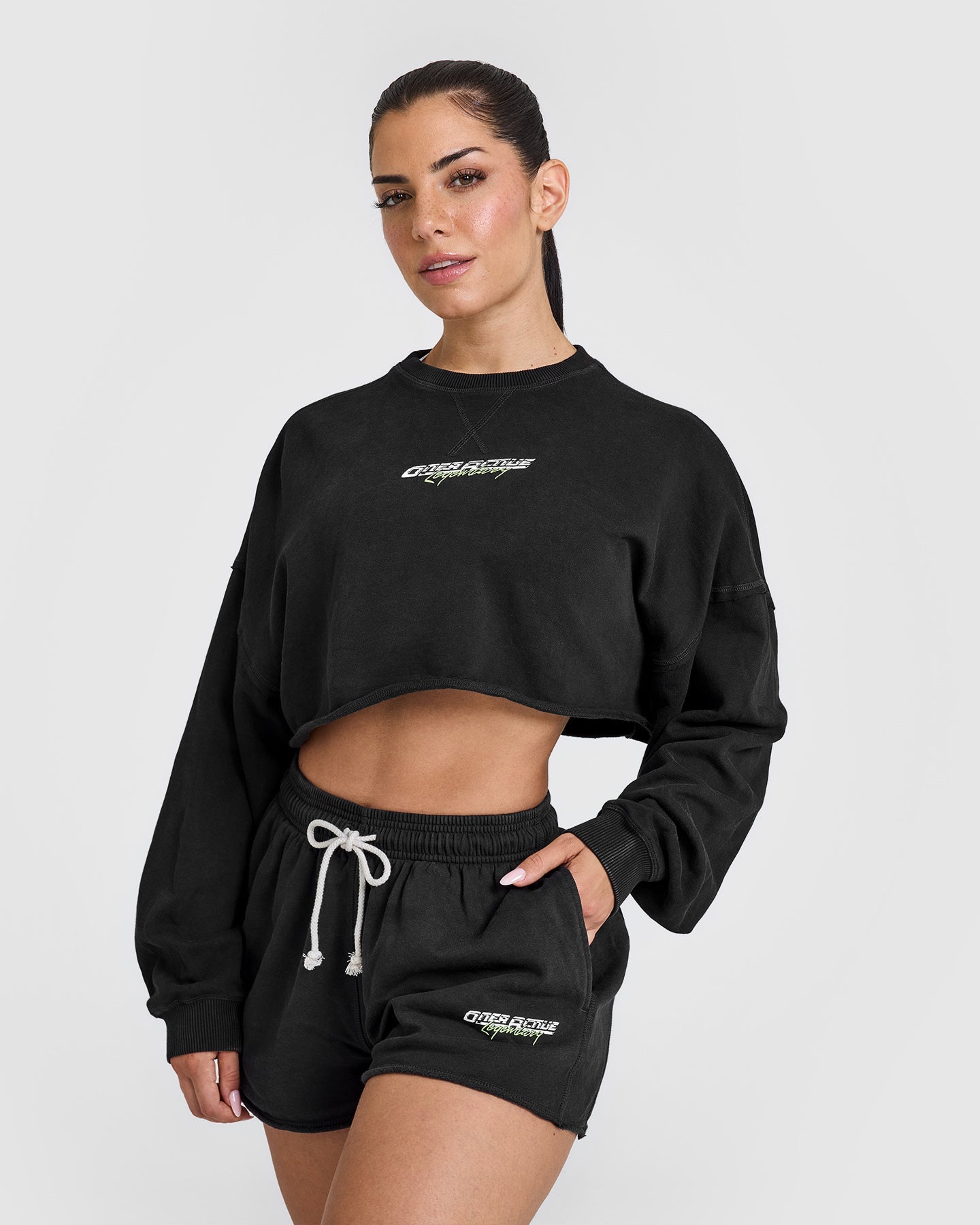 Raw Lounge Crop Sweatshirt with Graphic Print | Washed Black | Casual Streetwear for Women | Perfect for Everyday Wear & Weekend Outings