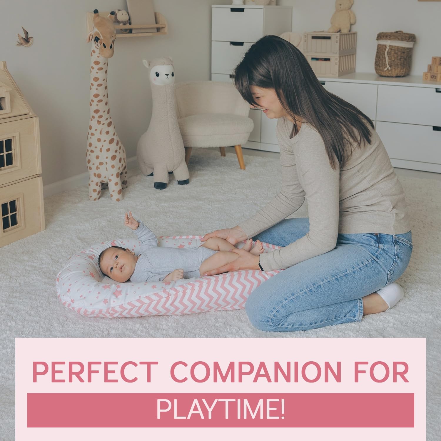 Organic Cotton Baby Nest Lounger - Reversible, Breathable & Adjustable Portable Infant Bed for Newborns | Star Collection (Pink) | Perfect for Co-Sleeping, Nursery & Travel
