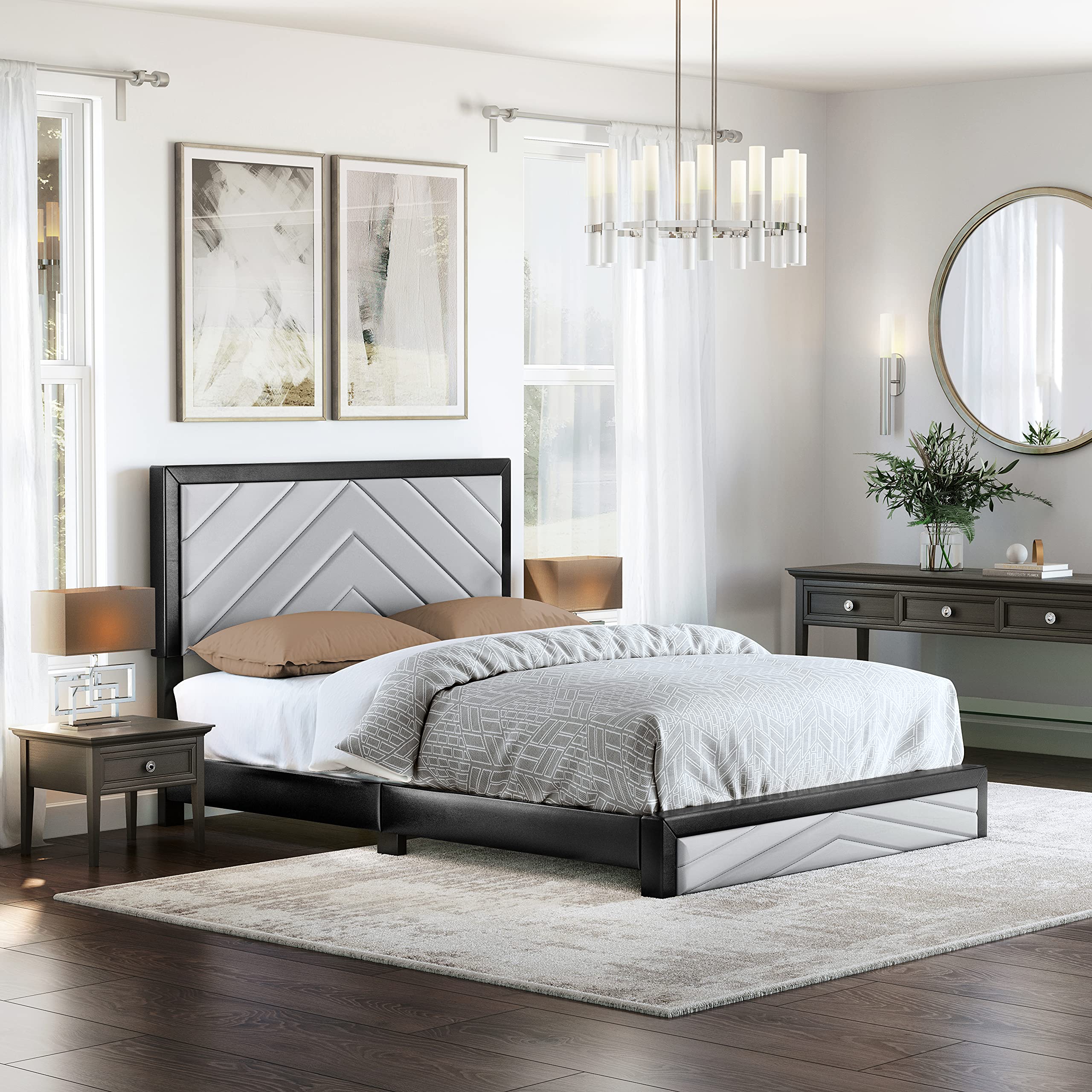 Boyd Sleep Arden Upholstered Platform Bed Frame with Headboard - Faux Leather, Black/Grey, Full Size for Modern Bedrooms