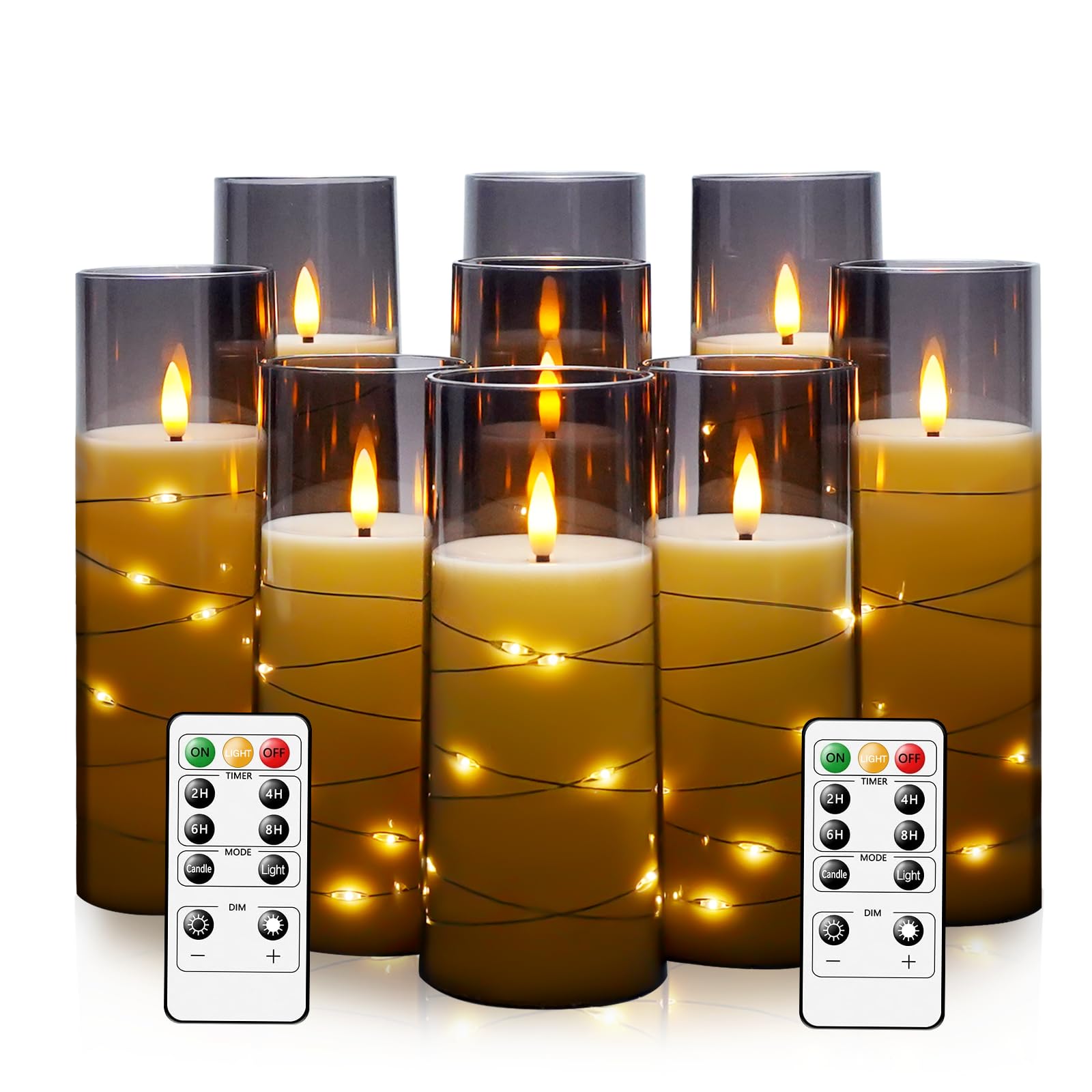 Flameless LED Candles with Timer - 9 Pack Flickering Battery Operated Candles for Romantic Ambiance, Home Decor, Weddings & Parties - Realistic Acrylic Shell with Embedded Star String Lights (Grey)