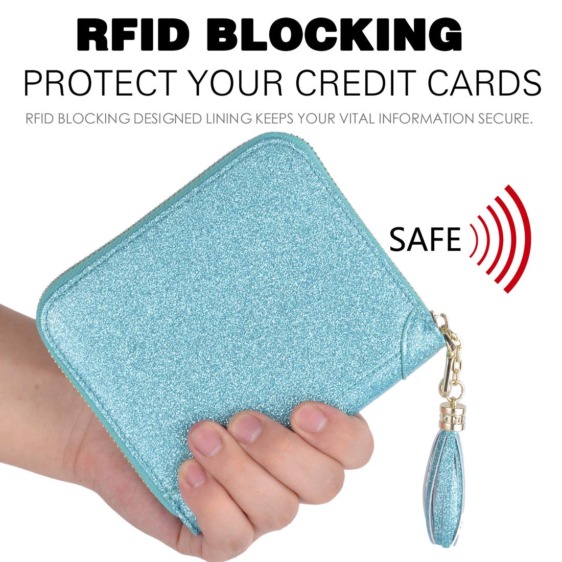 Easyoulife Women's RFID Blocking Leather Credit Card Holder Wallet with Zip Closure - Glitter Teal | Slim Card Case for Everyday Use, Travel & Business