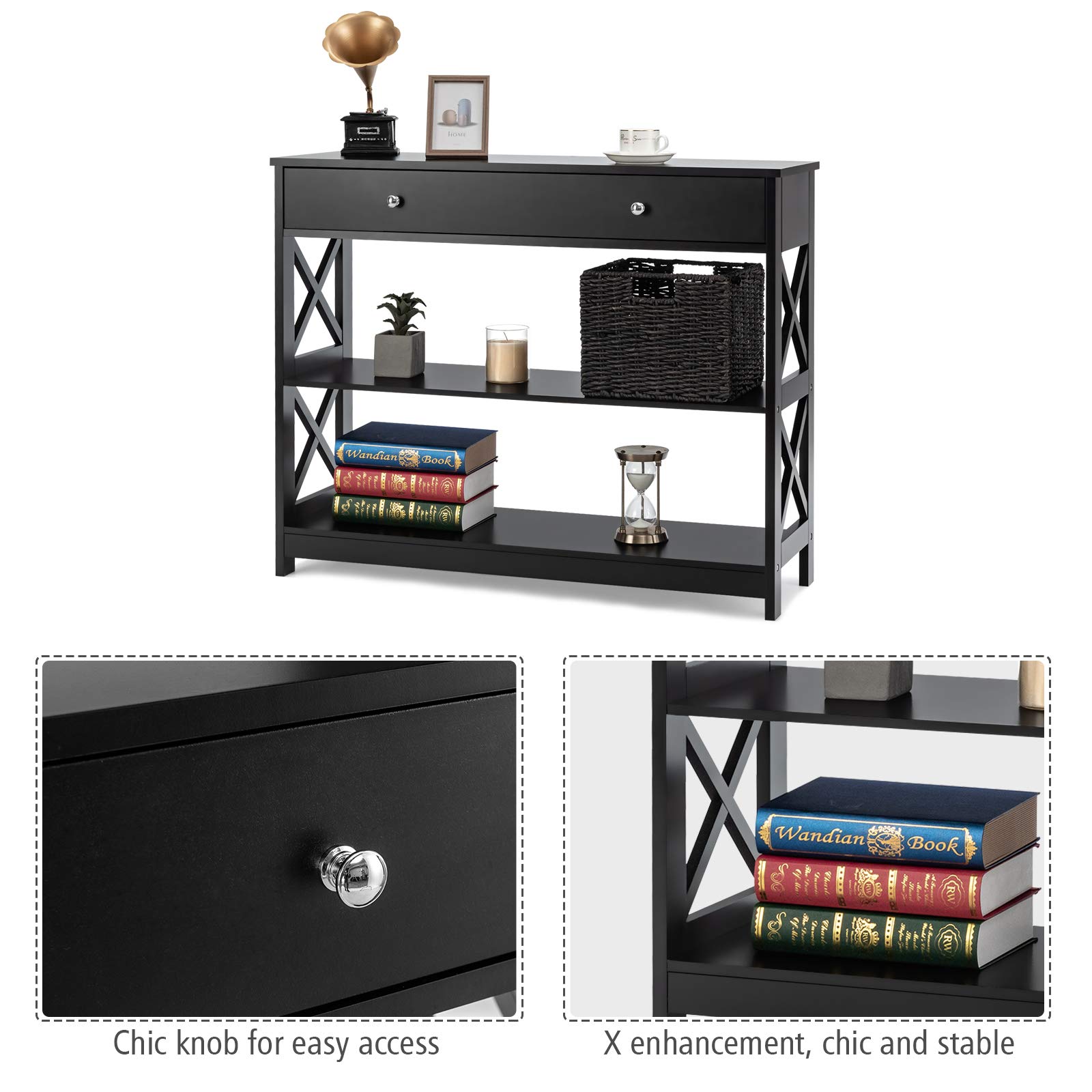 Giantex 3-Tier Console Table with 2 Drawers & Shelves - Modern Entryway Sofa Table with Spacious Desktop - Elegant Hallway Side Table for Living Room, Office, Corridor - Perfect for Small Spaces & Home Decor (Black)