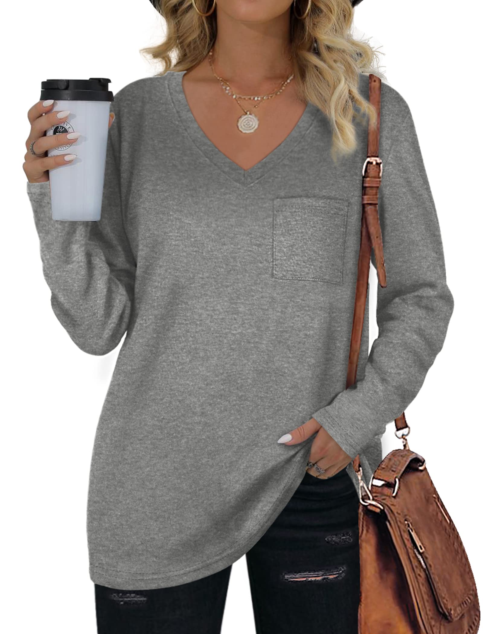 Geifa Women's Long Sleeve V-Neck Tunic Top - Loose Casual Shirt with Pocket for Work, Travel & Everyday Wear