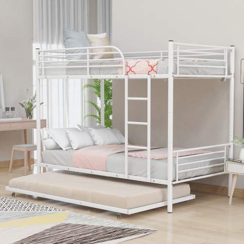 Twin-Over-Twin Metal Bunk Bed with Trundle, Ladders & Safety Rails - Converts to 2 Separate Beds, No Box Spring Required (White) | Perfect for Kids' Rooms, Guest Rooms & Small Spaces