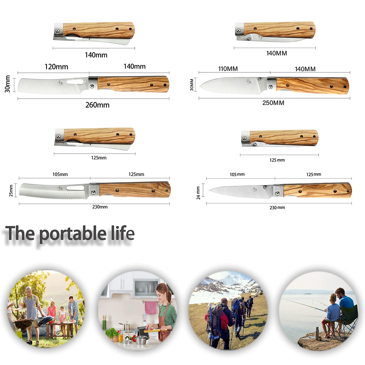 Premium 4-Piece Japanese Chef Knife Set - 440A Stainless Steel, Sharp Folding Pocket Knives with Natural Olive Wood Handle - Ideal for Home Cooking, Camping & Outdoor Adventures