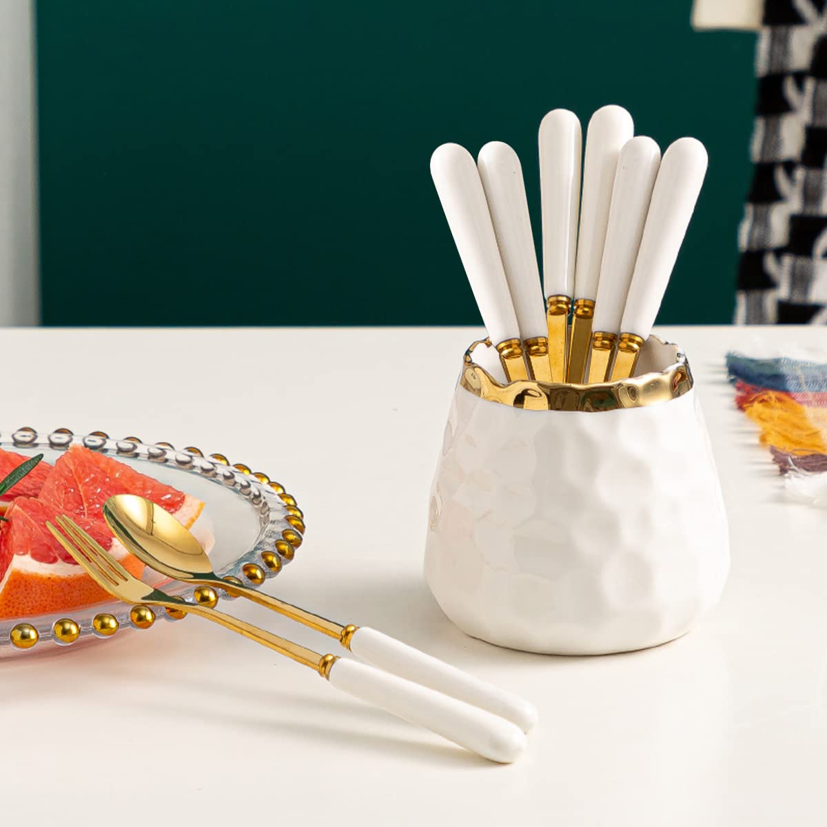 Premium Coffee Spoons and Forks Set - 4 Gold Dessert Forks & 4 Small Spoons with White Ceramic Jar - Elegant Flatware for Coffee, Tea, Desserts, Parties & Home Decor (White) - Perfect for Afternoon Tea, Bridal Showers & Hostess Gifts
