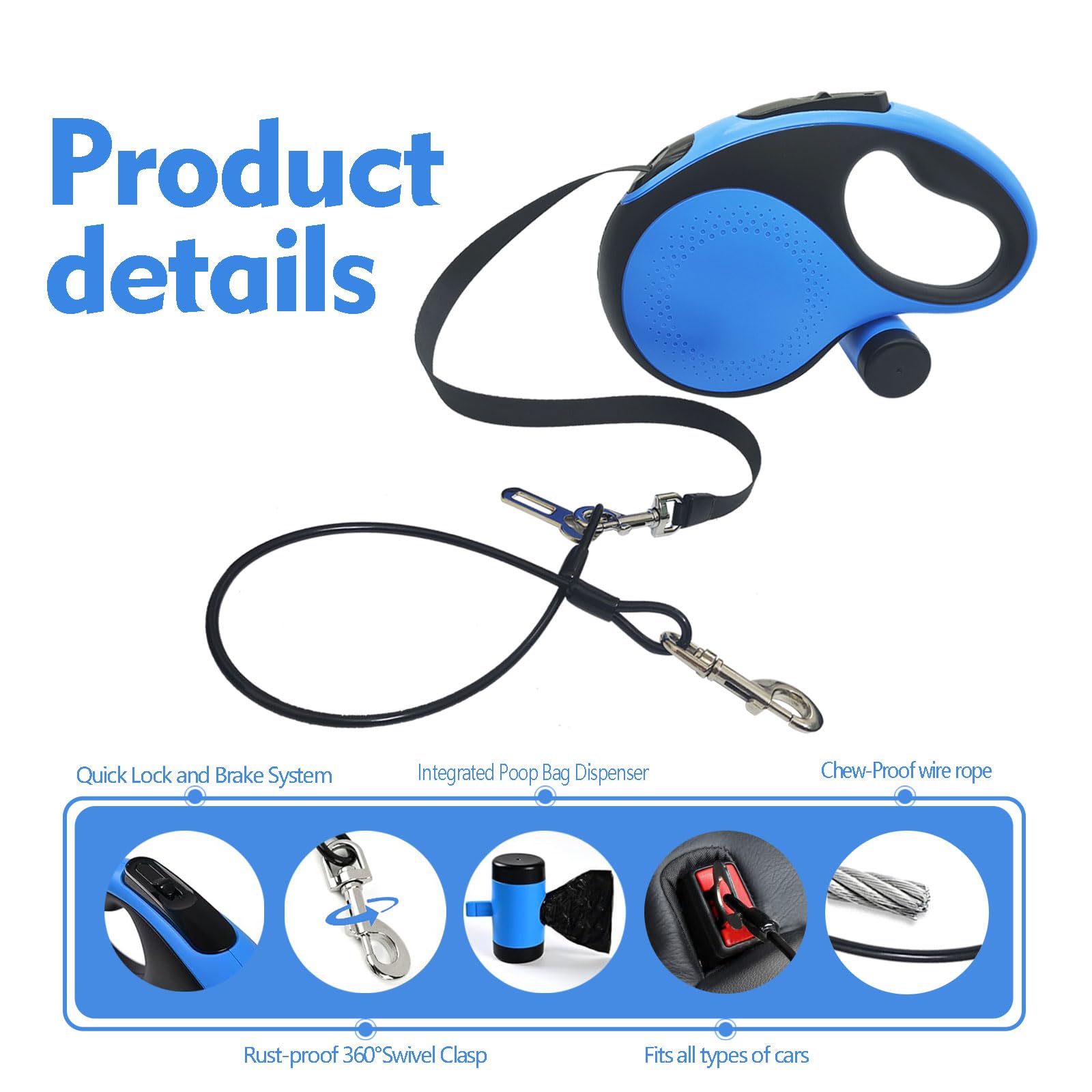26Ft Retractable Dog Leash with Chew Proof Cable - Heavy Duty Nylon Tape Leash for Medium to Large Dogs up to 110lbs - Tangle-Free Design with One-Handed Brake & Removable Poop Bag Dispenser - Perfect for Walking, Running, Hiking and Outdoor Adventures (Blue)
