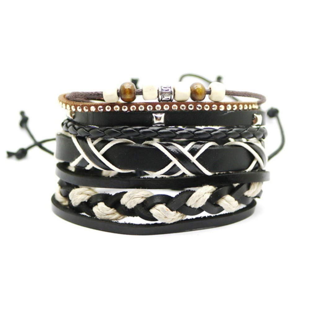 ESCYQ 5-Pack Black & White Woven Leather Bracelets for Men & Women - Punk Style Multilayer Braided Cuff - Perfect for Casual Wear, Gifts & Punk Fashion Accessories