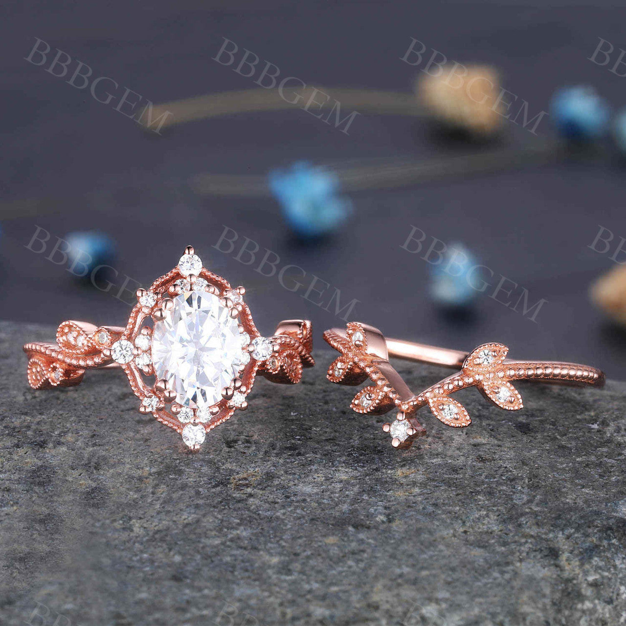 Rose Gold Oval Moissanite Engagement Ring Set with Diamond Matching Band - Art Deco Milgrain Wedding Ring for Women | Perfect for Proposals, Anniversaries & Bridal Jewelry