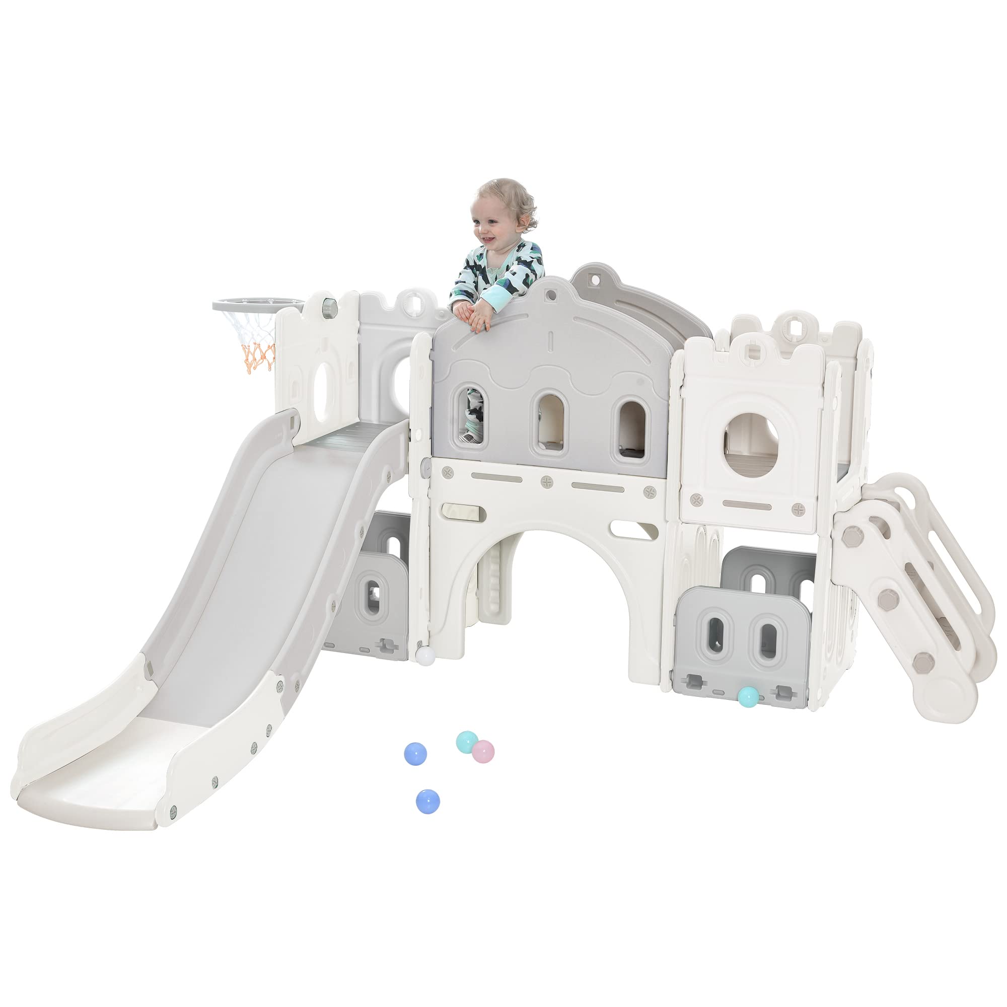 Veemuaro 6-in-1 Toddler Slide & Climber Playset with Basketball Hoop, Tunnel & Storage – Indoor & Outdoor Kids Playground for Backyard, Playroom & Preschool Activities