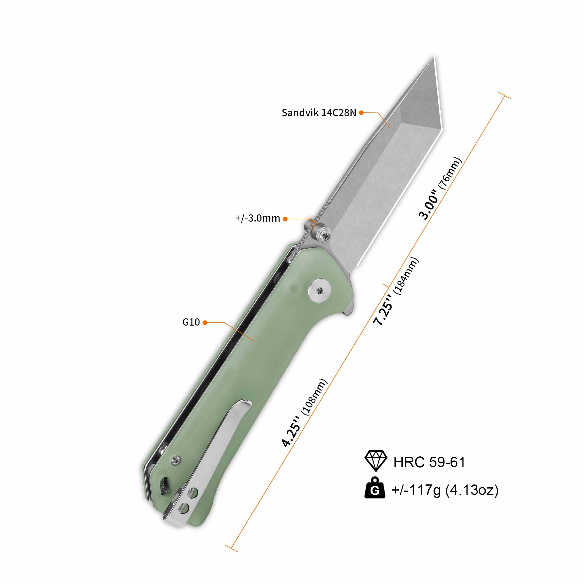 QSP Grebe T Button Lock Pocket Knife - 14C28N Stainless Steel Blade with Jade G10 Handle - EDC Folding Knife for Outdoor, Camping & Everyday Carry